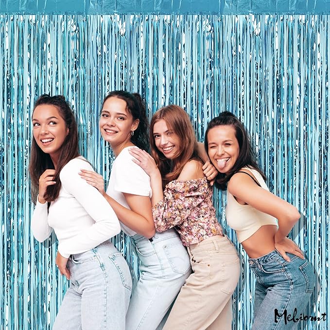4 Pack Fringe Curtain Backdrop, 3.2Ft x 9.8Ft Light Blue Metallic Tinsel Foil Fringe Streamers Background for Photo Booth Birthday Wedding Baby Shower Easter Pool Ocean Underwater Party Decorations