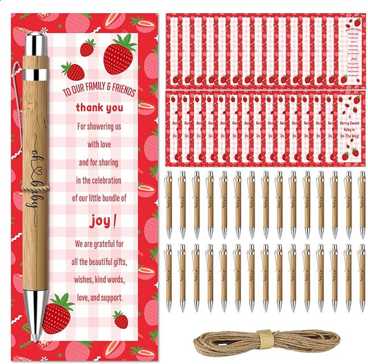 30 Pcs Baby Shower Gifts, Baby Shower Favors for 30 Guest Set Included Bamboo Pens Greeting Thank You Cards, Gender Reveal Souvenirs Prizes, Strawberry Gender Reveal Decor
