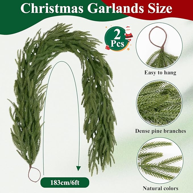 U'Artlines 2Pcs Christmas Norfolk Pine Garland, 6 Ft Xmas Faux Greenery Garland Real Touch Winter Cedar Garlands for Table Stairs Mantle Fireplace Holiday Decoration
