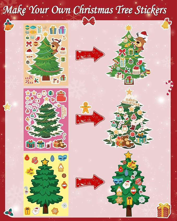 48 Sheets Christmas Tree Party Favors Stickers for Kids - Make Your Own Christmas Tree Stickers - Fun Christmas Games Activities Crafts Gifts