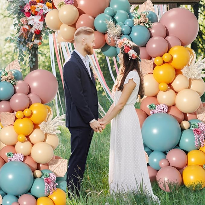 Rainbow Balloons Arch Garland Kit, Dusty Blue Blush Pink Balloon Retro Mustard Yellow Slate Blue Balloon Assorted Colorful Balloons for Baby Shower Boho Birthday Decorations