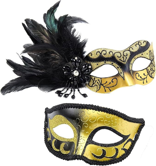2025 New Masquerade Mask with Feather for Couples - Women's Masquerade Mask with Feather & Men Venetian Costume Mask