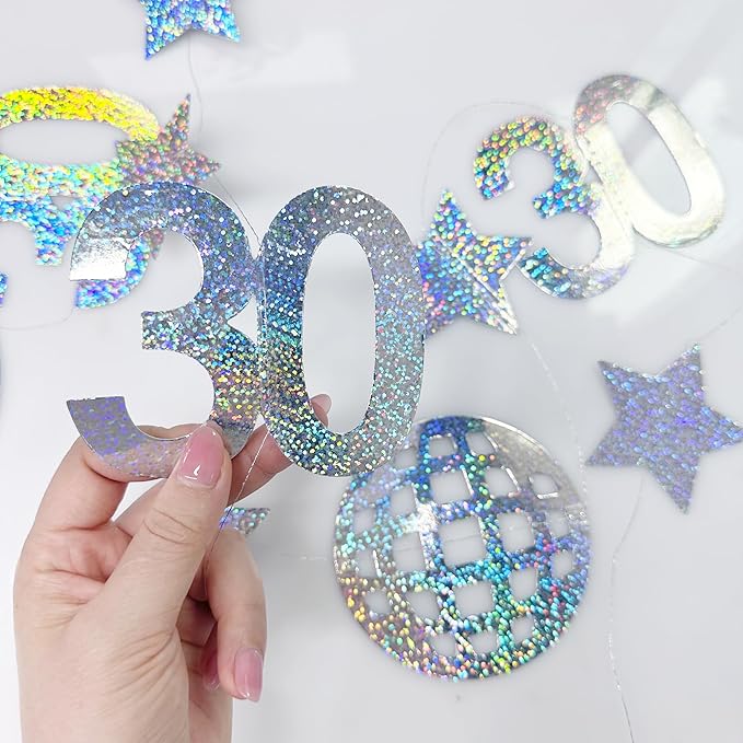 52Ft Iridescnt 30th Disco Birthday Decorations Laser Silver Number 30 Disco Ball Twinkle Star Garland Metallic Streamer Banner Backdrop for Mens Womens Happy Dirty Thirty Cheers to 30 Years Old Party