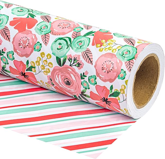 WRAPAHOLIC Reversible Floral Wrapping Paper - Mini Roll - 17 Inch X 33 Feet - Peach Pink Floral Design for Birthday, Mother's Day, Wedding, Baby Shower