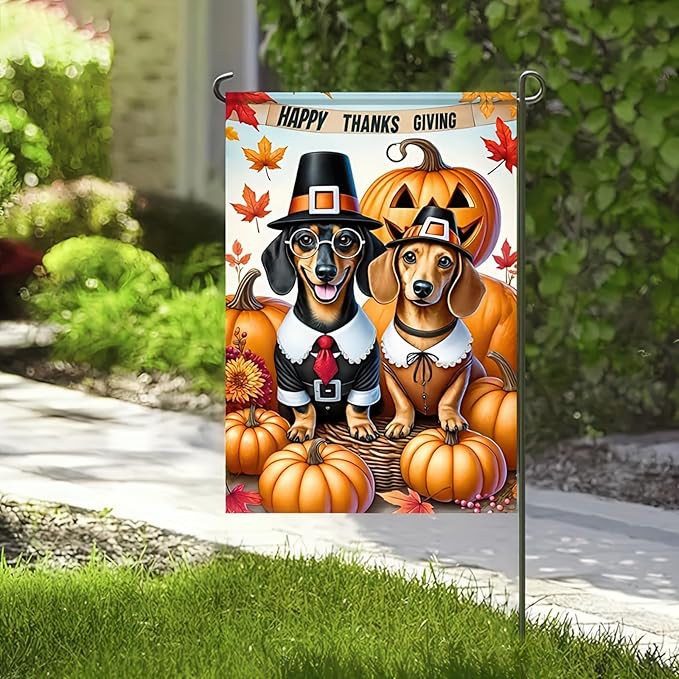 Thanksgiving Dachshund Garden Flag 12x18 Double Sided Fall Harvest Dog Lover Yard Flag Autumn Pumpkin Outdoor Decorations Cute Pilgrim Dogs Welcome Banner Farmhouse Thanksgiving Garden Decor