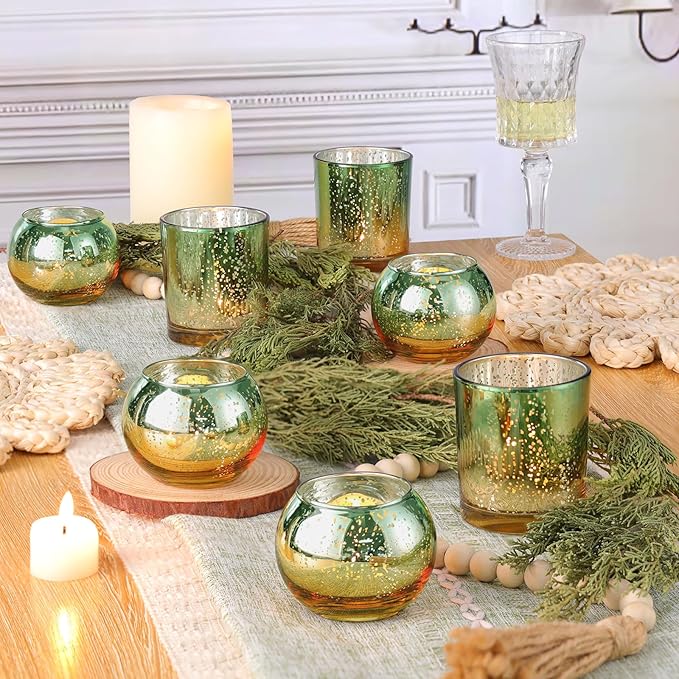 Volens 30pcs Assorted Green Votive Candle Holders Bulk, Large Mercury Glass Votive for Wedding Table Centerpieces, Green and Gold Themed Party Decorations and Home Decor