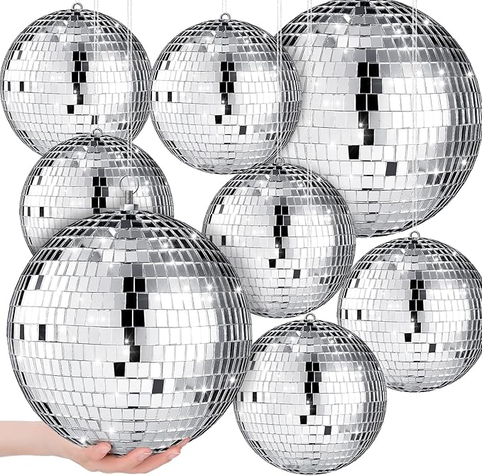 Haull 8 Pcs Large Disco Ball Set Silver Mirror Disco Reflective Ball with Hanging Ring Party Ornament Decoration for Stage Club Ballroom Dance Hall Wedding Prom Props(8'', 6'')