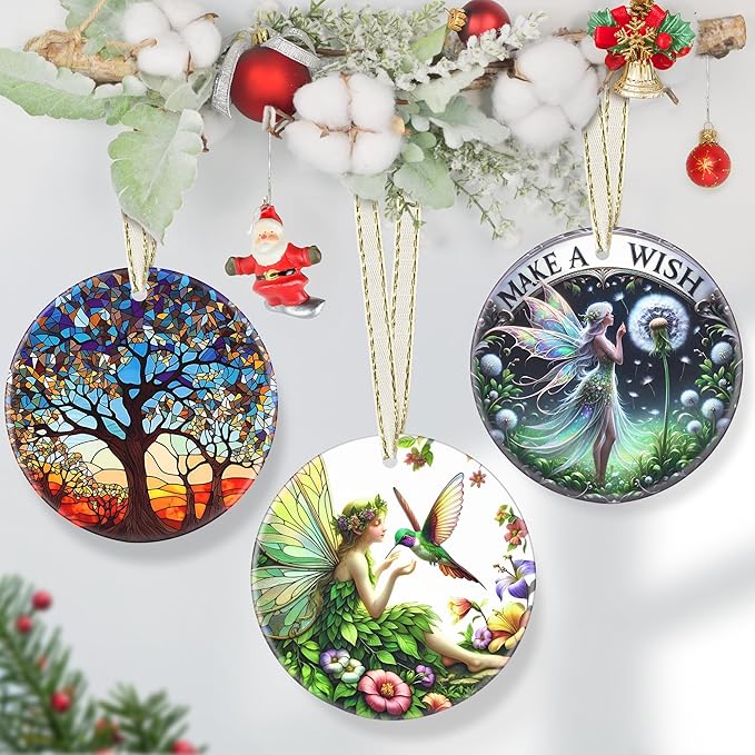 Touber Fairy & Hummingbird 3.5 Inch Ceramic Christmas Hanging Ornament for Christmas Tree Decor