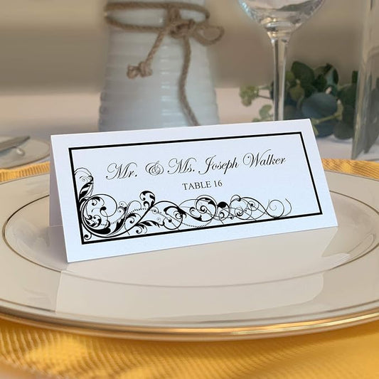 Scribble Vintage Swirl Place Cards, Black (Choose Color), Set of 150, Pre-cut and Scored - Wedding, Party, Dinner, and Special Events - Made in the USA