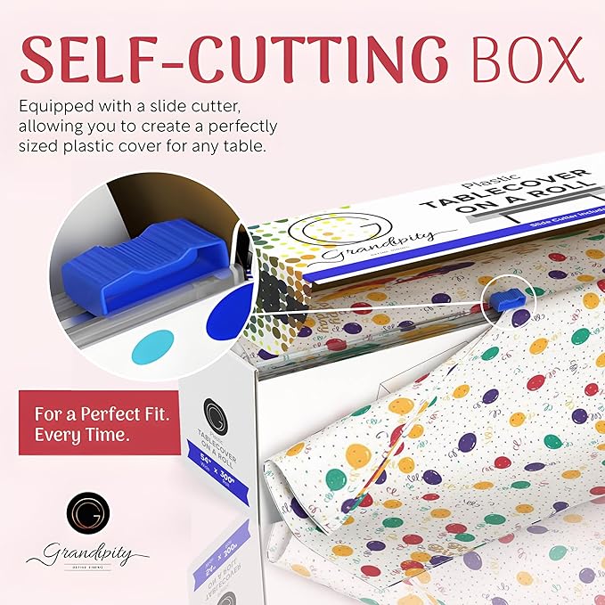 Grandipity Plastic Tablecloth Roll - 54in x 300 Ft. Happy Birthday Plastic Table Cloths Disposable with Cutter Box - Cut to Size Disposable Tablecloth Table Cover for Rectangle & Round