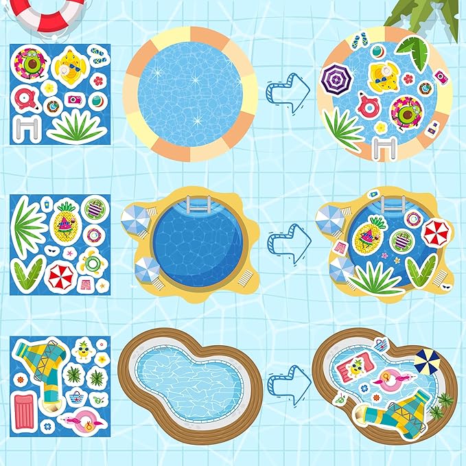 CY2SIDE Summer Pool Sticker Scene - 12 Set Make A Pool Scene Art Craft with Swimming Ring for Kids Make Your Own Swimming Sticker Art Craft DIY Summer Party Games Classroom Fun Activities