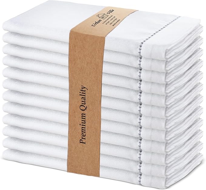 Urban Villa Cloth Napkin Set of 12 Hemstitch White Grey 20x20 Inches Premium Soft Cotton Highly Absorbent Reusable & Washable Dinner Table Napkins for Home and Weddings