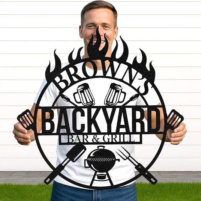 Custom BBQ Metal Sign Personalized Grill Name Wall Art for Outdoor Kitchen Patio Backyard Decor Fathers Gift for Dad Grandpa Husband Barbecue Smoker Area Sign, Grilling Lover Gifts 25
