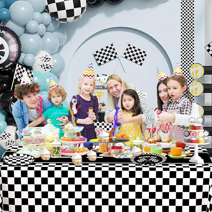 WNINK 4 Pack Race Car Table Cloth and Black White Gingham Tablecloths Disposable Plastic Buffalo Check Tablecloth Checkered Flag Covers for Birthday, Outdoor Picnic, Birthday, Camping 54 × 108 Inch