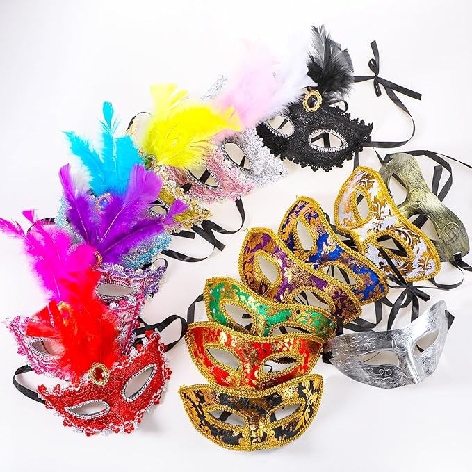 Sratte Couple Masquerade Mask with Feather Flower Unisex Half Face Venetian Mask for Mardi Gras Party