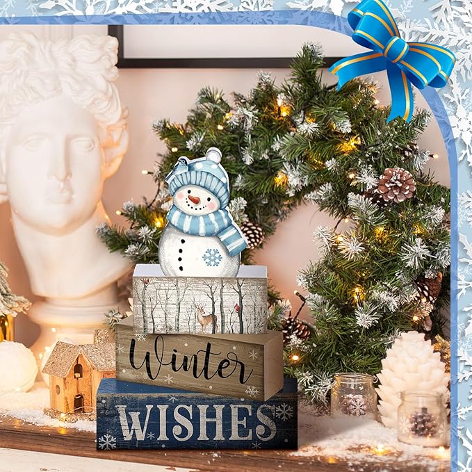 4 Pcs Snowman Christmas Decor Wooden Snowman Blue and White Winter Tiered Tray Decor Christmas Table Centerpiece Wooden Rustic Winter Block Sign Farmhouse for Home Kitchen Shelf Gift
