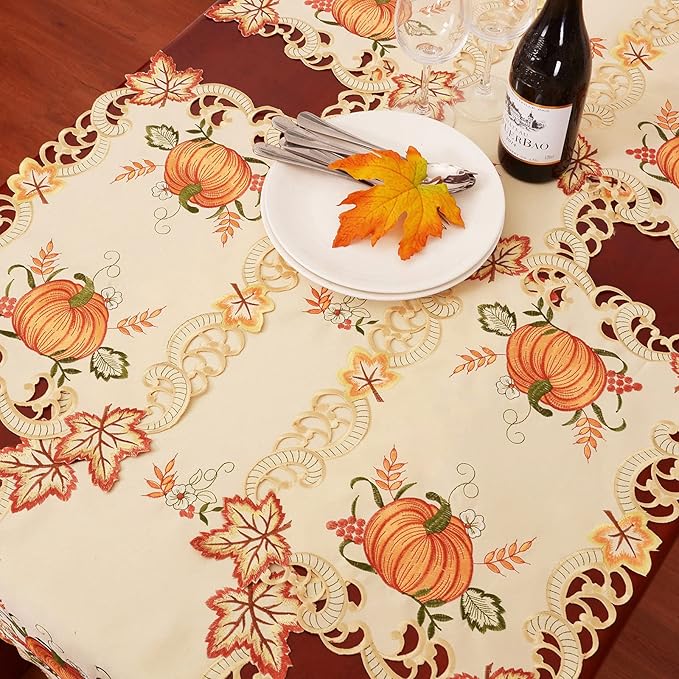 Simhomsen Embroidered Thanksgiving Harvest Pumpkins Table Runners for Autumn Or Fall Decorations (14 × 108 Inches)