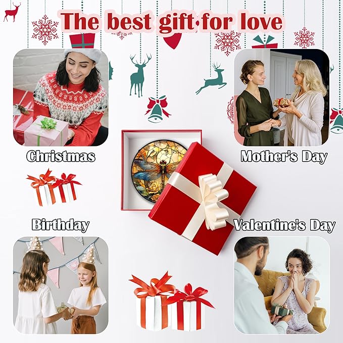 Stained Glass Window Hanging - Orange Blue Dragonfly Flower Suncatcher for Doors Window Home Sun Catchers Decor Christmas Mother's Day Birthday Outdoor Gifts for Women Men Mom Nana 11.8 in