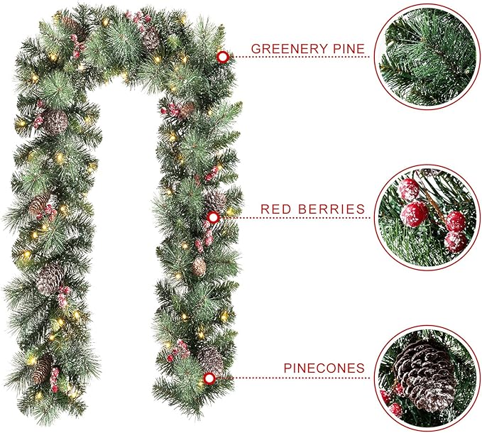 Glitzhome 2PK 6ft Christmas Garlands with Lights, Glittered Pinecones and Berries Greenery Christmas Garlands with 50 Warm White Lights and Timer for Christmas Holiday Party Hanging Decorations