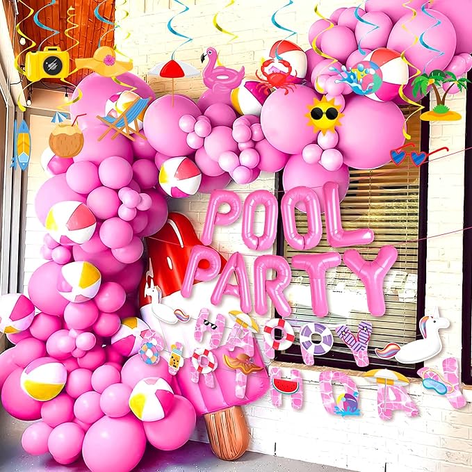 Summer Pool Beach Party Decoration, Pink Pool Party Balloon, Summer Birthday Bash Party Decorations Tropical Balloons Banner for girls Swimming Water Luau Tropical Hawaii Party Decoration Supplies