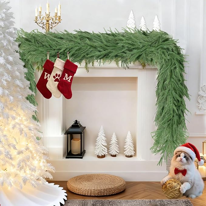 2 Pcs 6 Ft Artificial Norfolk Pine Garlands, Real Touch Winter Pine Garland, Green Artificial Greenery Garland for Table, Mantle, Wall, Indoor, Outdoor Christmas Decorations (2, 6 FT)