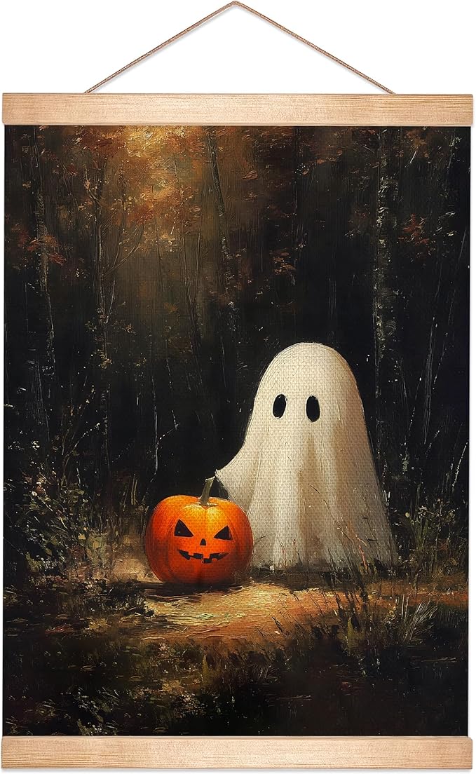 Rustic Halloween Ghost and Pumpkin Wall Art 18.5x14 Inch, Vintage Farmhouse Linen Canvas Wall Hanging Poster , Halloween Home Decor, Retro Gothic Haunted House Theme Wall Poster for Living Room Bedroom(BLK09)