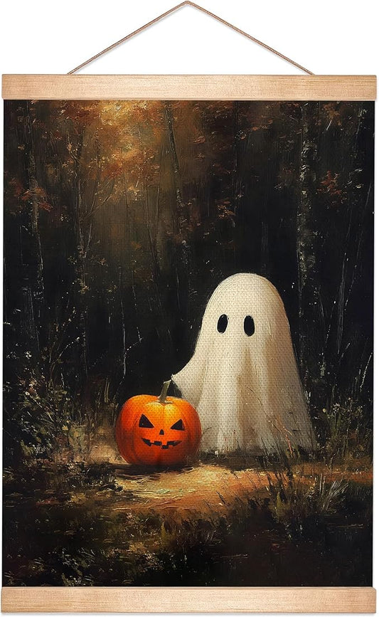 Rustic Halloween Ghost and Pumpkin Wall Art 18.5x14 Inch, Vintage Farmhouse Linen Canvas Wall Hanging Poster , Halloween Home Decor, Retro Gothic Haunted House Theme Wall Poster for Living Room Bedroom(BLK09)