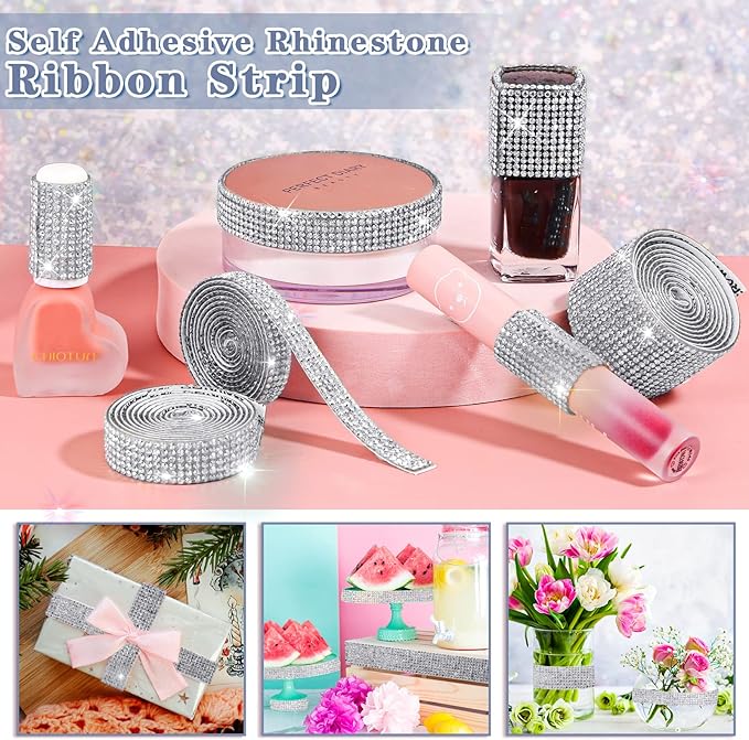 8 Rolls Rhinestone Ribbons,Cludoo 8 Yard Silver Self Adhesive Rhinestone Ribbon, Bling Crystal Diamond Ribbon Roll Wrap Glittering Rhinestones Sticker for Decoration Car DIY Arts Crafts Wedding