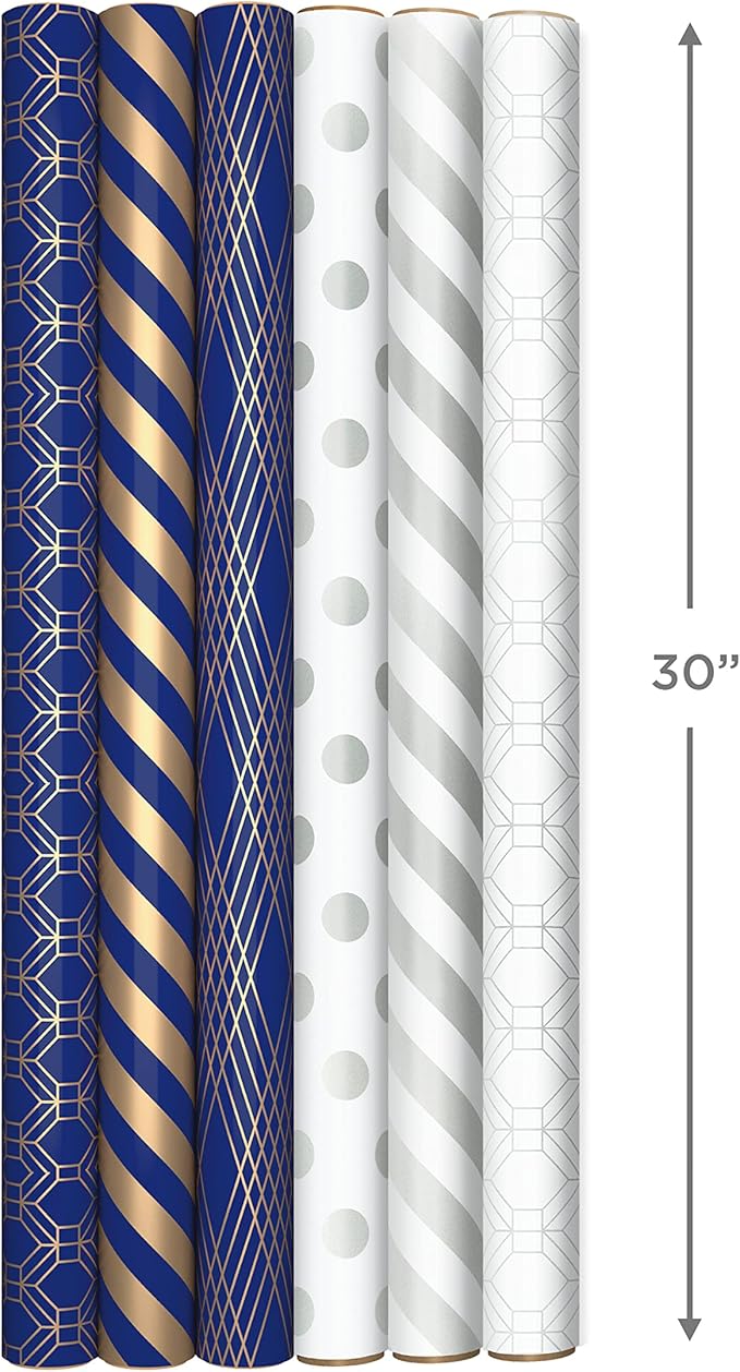 Hallmark Metallic Wrapping Paper Bundle with Cutlines on Reverse (6 Rolls: 210 Square Feet Total) Navy, Gold, Silver and White for Birthdays, Weddings, Graduations, Hanukkah, Christmas