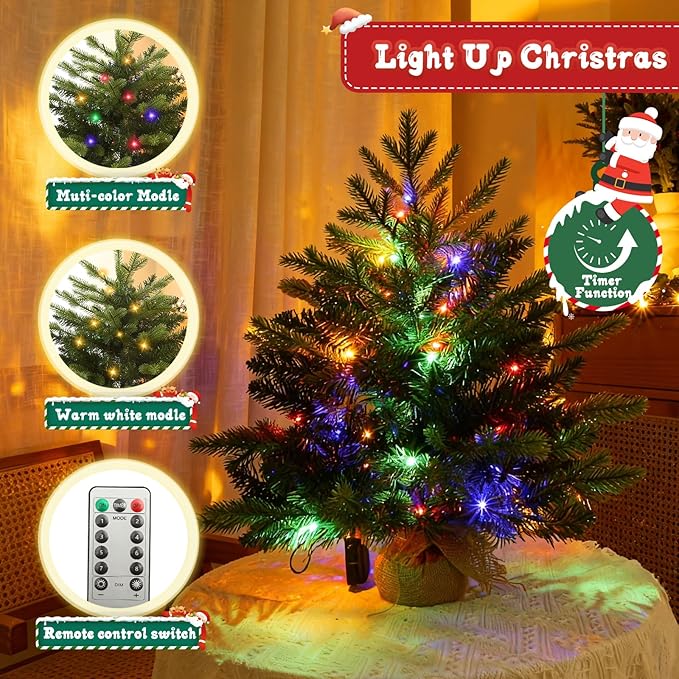 Joyhalo 2ft Small Christmas Tree with Lights Multicolor and Warm White, Pre Lit Table Top Christmas Tree with Remote, 107 Branches Mini Xmas Tree for Room Office Classroom Decoration