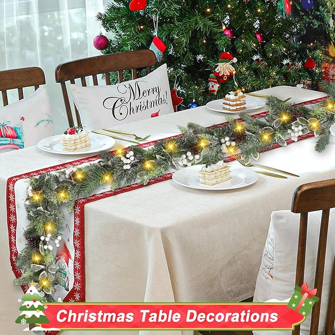 Artgar 6 Ft Christmas Garland, Pre-Lit Christmas Garland - Artificial Garland Christmas Decorations with 30 LED Lights Decorated with Pinecones, Berries for Mantels Dining Tables Porch Decor (White)