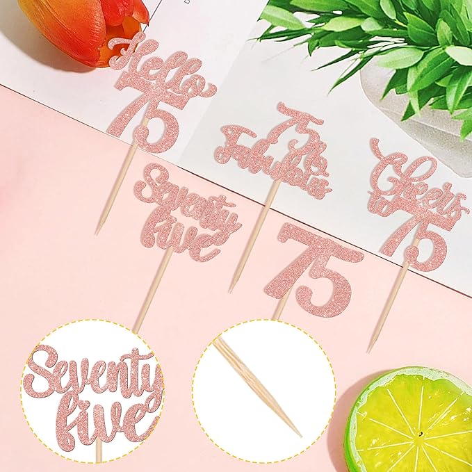30PCS Happy 75th Birthday Cupcake Toppers Glitter Hello 75 Fabulous Seventy Five Cheers to 75 Years Old Birthday Cupcake Picks for Happy 75th Birthday Anniversary Party Cake Decor Supplies Rose Gold