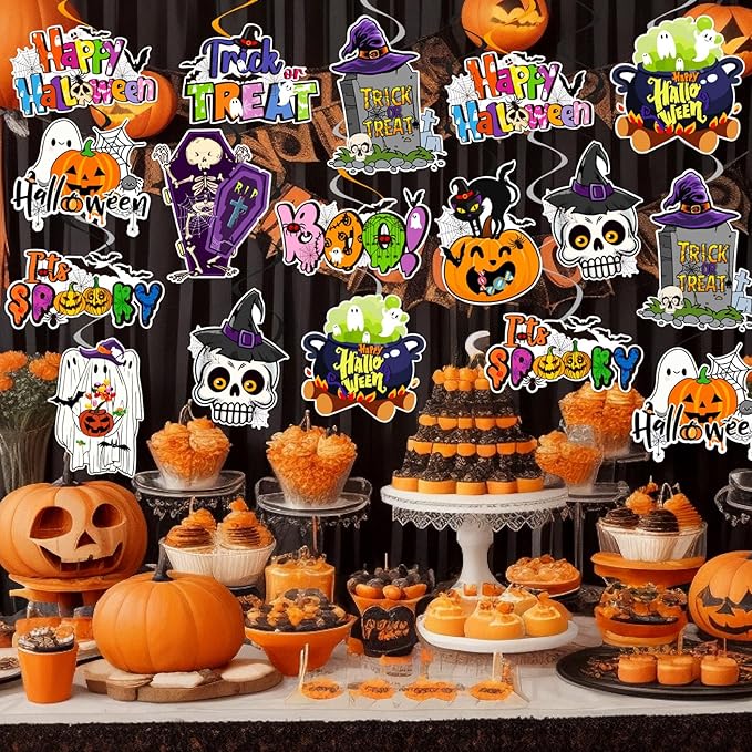 48Pcs Halloween Hanging Swirl Decorations, Cute Pumpkin Ghost Bat Ceiling Hanging Swirls Halloween Party Hanging Swirls Streamers for Trick or Treat Birthday Baby Shower Party Decor Supplies