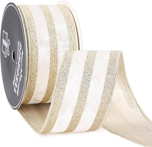 Ivory Velvet Wired Ribbon with Champagne Glitter Stripe 2.5 Inch Crushed Velvet Christmas Ribbon, 10 Yards for Gift Wrapping, Crafts, Christmas Tree Decorations, Wreath Supplies, Garlands