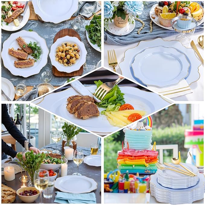 WDF 175Pcs Blue Plastic Plates - Heavy Duty Baby Blue Plates Disposable - 25Guests Plastic Dinnerware Ideal for Parties/Wedding/Baby Shower