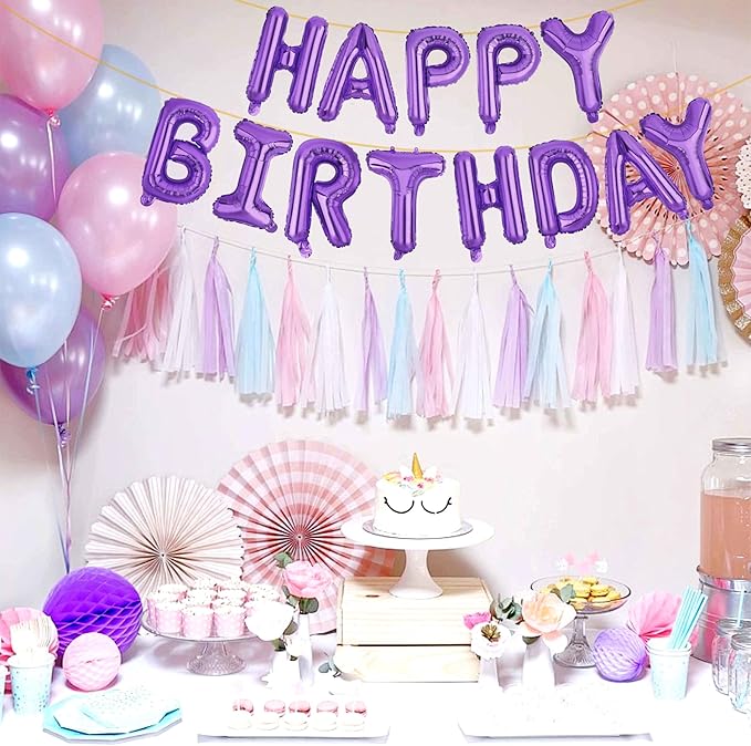 LIOZEOKUN Happy Birthday Balloon Letters 16 inch Mylar Foil Birthday Balloons Banner Sign for Birthday Party Decorations Supplies (Purple)