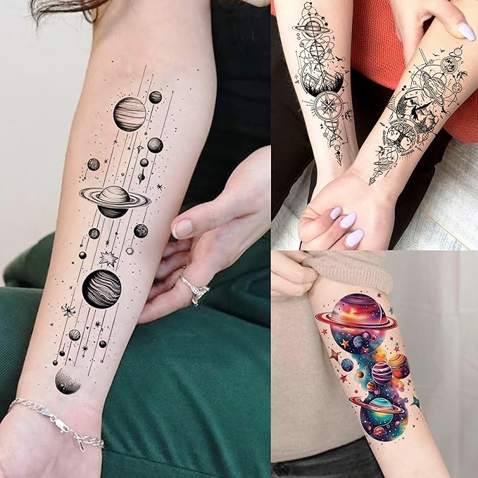 70 Sheets Watercolor Planets Galaxy Temporary Tattoos For Women Men Kids Boys Girls, 3D Star Universe Solar System Waterproof Half Arm Sleeve Tattoos For Adult, Forearm Fake Tattoo Sticker Outer Space