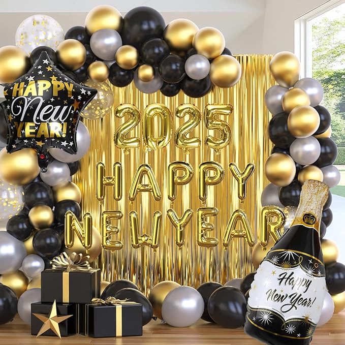 Nye Decorations 2025, Black and Gold Balloons 2025 Number Balloons Champagne Balloons New Year Banner Fringe Backdrop for New Years Eve Party Supplies 2025