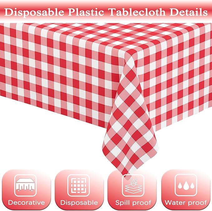 WNINK 6 Pack Red Gingham Tablecloth Rectangular Red and White Checkered Tablecloths Disposable Plastic Red Plaid Table Cover for Parties, Christmas, Outdoor Picnic, Birthday, Wedding, Camping 54 × 108