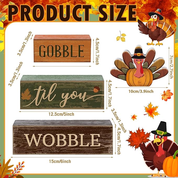 4 Pcs Thanksgiving Decoration for Home Wooden Turkey Decor Thanksgiving Table Decor Fall Tiered Tray Decoration Thanks Giving Centerpiece Rustic Turkey Block Sign for Harvest Party Kitchen