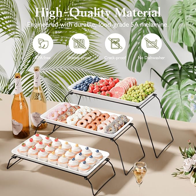 Extra Large 3-Tier Melamine Serving Tray Set and Cupcake Stand for Party Events, 17" Platters with Tiered Stand, Holds 63 Cupcakes, Food, Dessert, and Fruit – Black