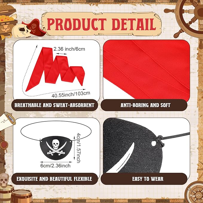Zhanmai 4 Pcs Pirate Accessories Halloween Pirate Headband Costume Party Supplies Head Scarf Eye Patches for Cosplayer