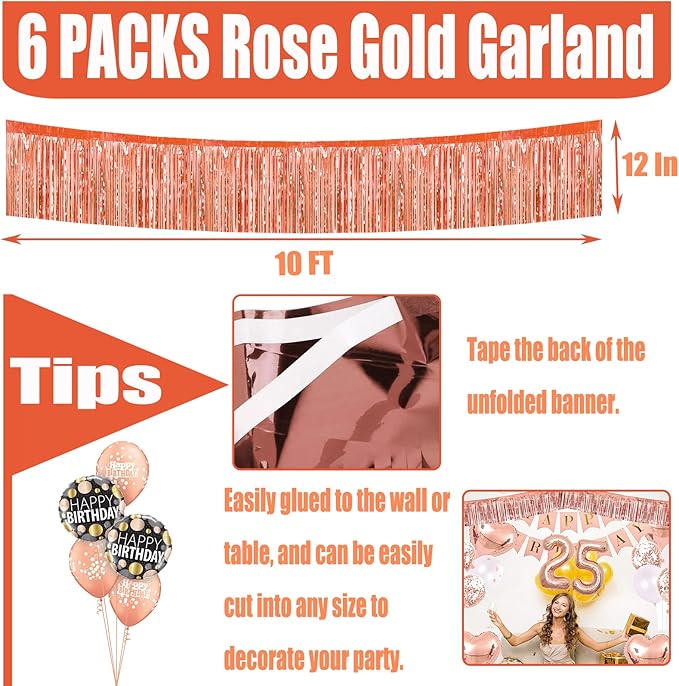 6 Pack 10 Feet Foil Fringe Garland Metallic Tinsel Streamers Banner Wall Hanging Curtain Backdrop for Parade Floats, Bachelorette, Wedding, Birthday, Halloween, Christmas Party Decorations(Rose Gold)