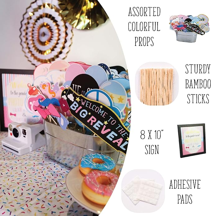 Gender Reveal Photo Booth Props - 41-pc Photobooth Kit with 8 x 10-Inch Sign, 60 Adhesive Pads, 45 Sticks - Baby Gender Reveal Party Supplies for Backdrop