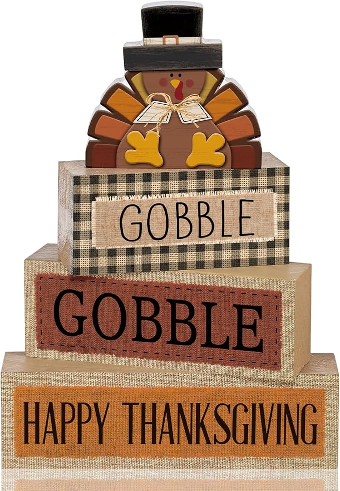 4 Pcs Thanksgiving Table Decorations Wooden Turkey Decor Thanksgiving Tiered Tray Decor Fall Centerpiece Rustic Wood Turkey Block Sign for Gobble Harvest Party Home Kitchen Decorations