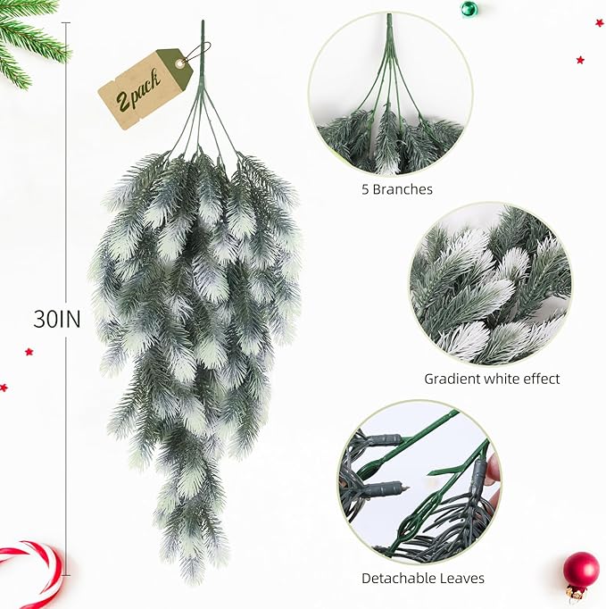 RECUTMS 2 Packs Hanging Artificial Pine Needle Branches Green Plant Pine Needle Accessories Artificial Hanging Plants Outdoors Faux Plant for DIY Christmas Indoor Outside Decoration(White)