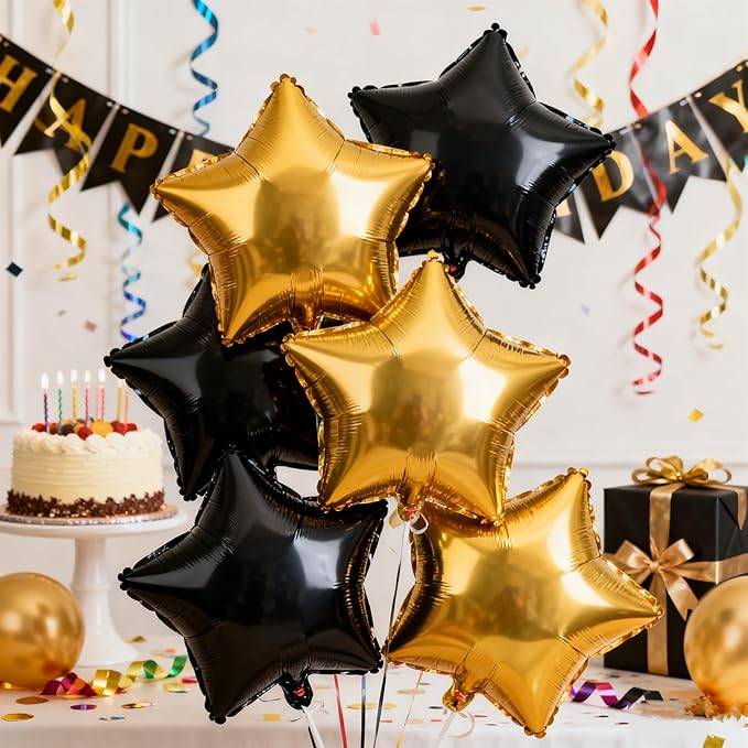 Star Balloons,12Pcs Black Gold Star Shaped Foil Balloons, 18 Inch Large Helium Polyester Film Balloon for Baby Shower Birthday Anniversary Party Decorations
