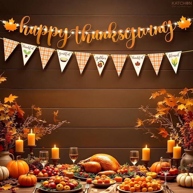 KatchOn, Happy Thanksgiving Banner with LED Light - 10 Feet, No DIY | Lighted Thanksgiving Decorations Indoor, Outdoor, Fall Maple Leaf Garland for Harvest Decorations | Turkey Decor, Wall Decoration