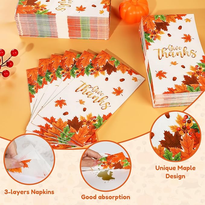 100Pcs Thanksgiving Napkins 3-Ply Disposable Fall Guest Paper Napkins for Thanksgiving Harvest Holiday Party,Give Thanks Autumn Maple Leaves Hand Paper Towels for Bathroom Kitchen Dinner Home Supplies