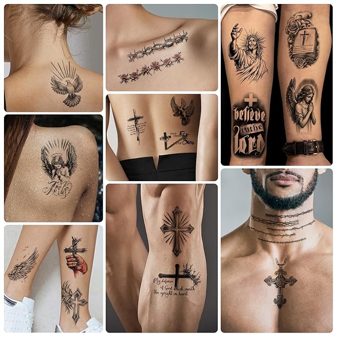 77 Sheets Christian Temporary Tattoo Adult, Religious Jesus Christ Cross Angels God Half Arm Fake Tattoos, Christ Catholic Realistic Tiny Body Temporary Tattoos for Men and Women Kids
